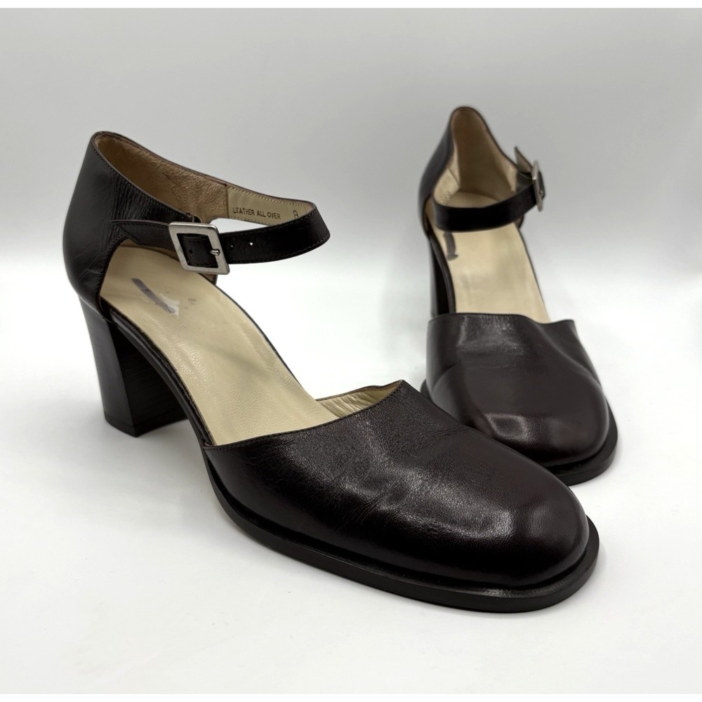 J CREW Ankle Strap Heel Women Size 8 Brown Leather Square Toe Made in Italy RARE